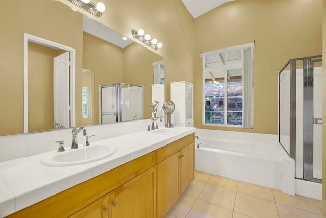907 Rockwell Springs Ct, Escondido, CA 92025 - full bath with a stall shower, double vanity, a bath, and tile patterned floors