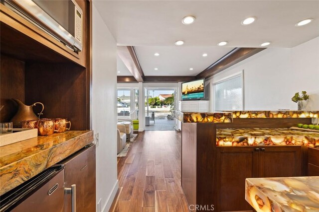 218 Evening Star Ln, Newport Beach, CA 92660 - indoor dry bar featuring dark wood finished floors, stainless steel microwave, and recessed lighting
