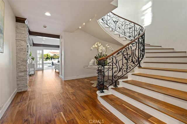 218 Evening Star Ln, Newport Beach, CA 92660 - foyer entrance with baseboards, stairway, wood finished floors, and recessed lighting