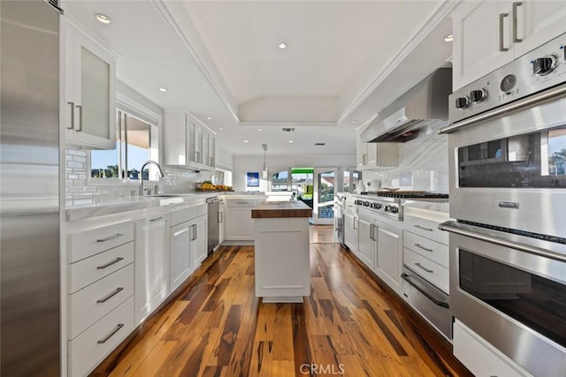 218 Evening Star Ln, Newport Beach, CA 92660 - kitchen featuring appliances with stainless steel finishes, a tray ceiling, wall chimney exhaust hood, white cabinets, and a center island