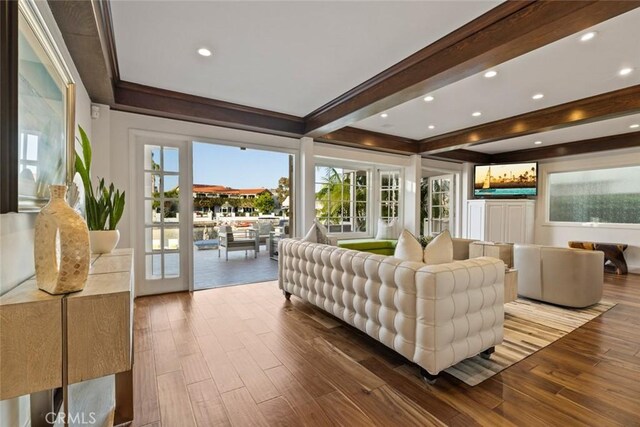 218 Evening Star Ln, Newport Beach, CA 92660 - living area with wood finished floors, recessed lighting, beamed ceiling, and crown molding