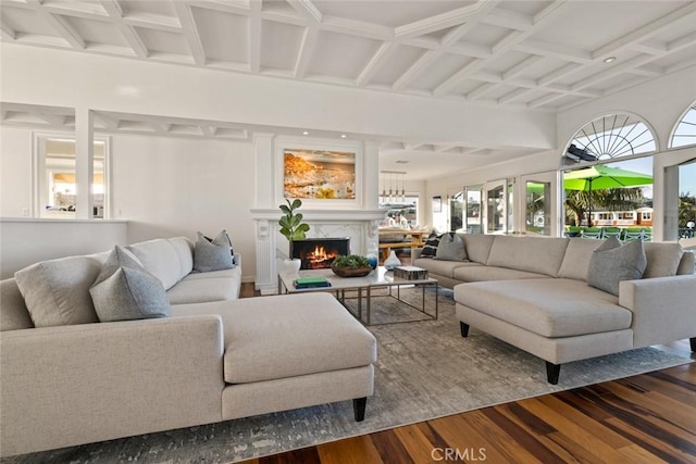218 Evening Star Ln, Newport Beach, CA 92660 - living area featuring wood finished floors, coffered ceiling, and a fireplace