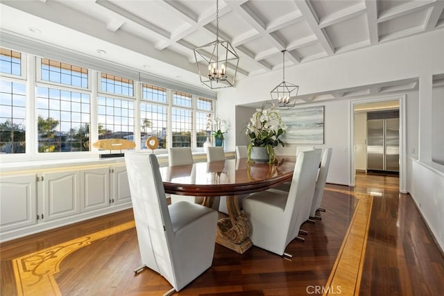 218 Evening Star Ln, Newport Beach, CA 92660 - dining room with a chandelier, coffered ceiling, dark wood finished floors, and beamed ceiling