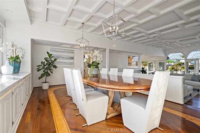 218 Evening Star Ln, Newport Beach, CA 92660 - dining room featuring a chandelier, dark wood-type flooring, coffered ceiling, and beam ceiling