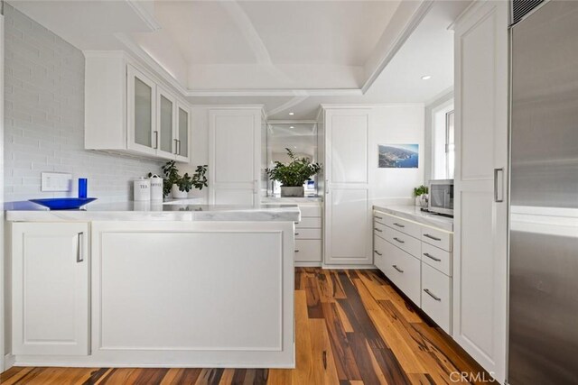218 Evening Star Ln, Newport Beach, CA 92660 - kitchen with appliances with stainless steel finishes, white cabinets, light countertops, and glass insert cabinets