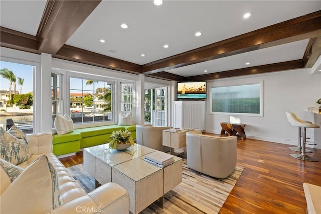 218 Evening Star Ln, Newport Beach, CA 92660 - living room with light wood finished floors, beam ceiling, baseboards, recessed lighting, and ornamental molding