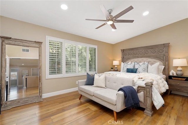 24261 Ernest Johnson Cir, Yorba Linda, CA 92887 - bedroom featuring baseboards, multiple windows, light wood-style flooring, lofted ceiling, and recessed lighting