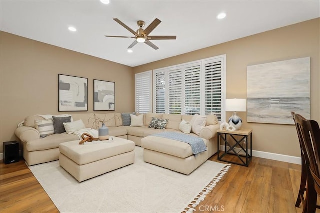 24261 Ernest Johnson Cir, Yorba Linda, CA 92887 - living room with ceiling fan, baseboards, wood finished floors, and recessed lighting