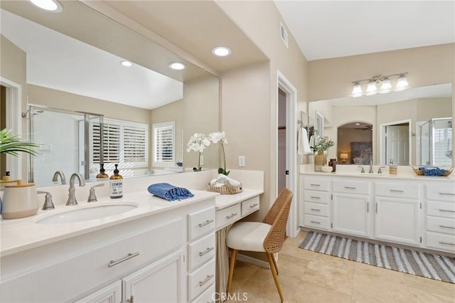 24261 Ernest Johnson Cir, Yorba Linda, CA 92887 - bathroom featuring a stall shower, vanity, tile patterned floors, and recessed lighting