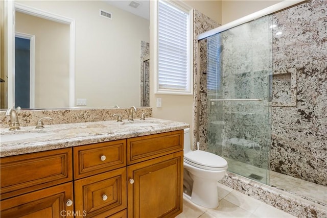 12160 Glines Ct, Tustin, CA 92782 - bathroom featuring toilet, a stall shower, double vanity, and tile patterned flooring