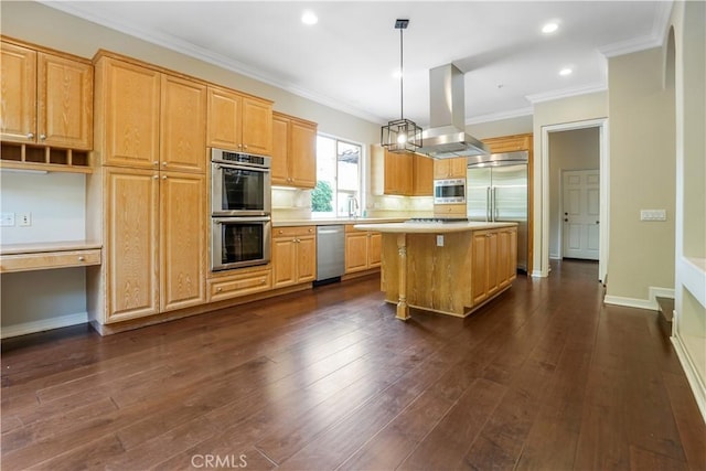 12160 Glines Ct, Tustin, CA 92782 - kitchen featuring built in appliances, island range hood, light countertops, crown molding, and recessed lighting
