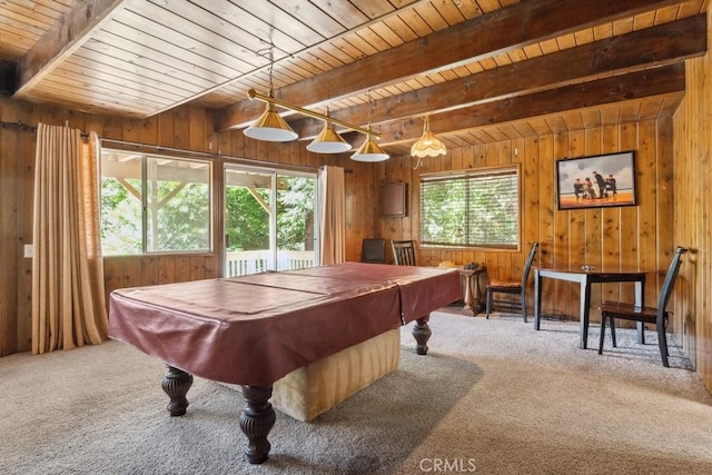 27495 Cedarwood Dr, Lake Arrowhead, CA 92352 - playroom with carpet, billiards, wooden walls, and wooden ceiling with exposed beams