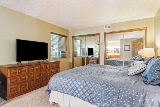 27495 Cedarwood Dr, Lake Arrowhead, CA 92352 - carpeted bedroom featuring two closets, multiple windows, and a textured ceiling