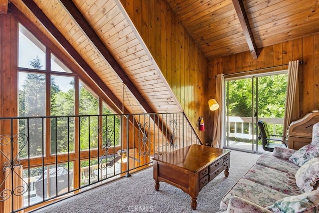 27495 Cedarwood Dr, Lake Arrowhead, CA 92352 - living area featuring wooden ceiling, wooden walls, and carpet