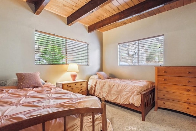 27495 Cedarwood Dr, Lake Arrowhead, CA 92352 - carpeted bedroom featuring wooden ceiling with exposed beams