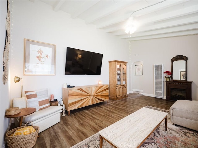4239 Ish Dr, Simi Valley, CA 93063 - living room with a heating unit, wood finished floors, beamed ceiling, baseboards, and high vaulted ceiling