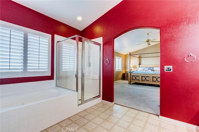 8961 Newcastle Ave, Hesperia, CA 92344 - bathroom with a shower stall, tile patterned floors, ceiling fan, a garden tub, and vaulted ceiling