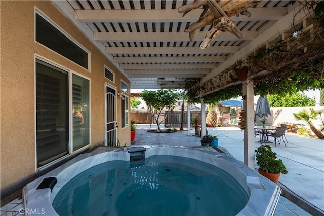 8961 Newcastle Ave, Hesperia, CA 92344 - fenced backyard featuring an outdoor hot tub, a patio area, and a ceiling fan