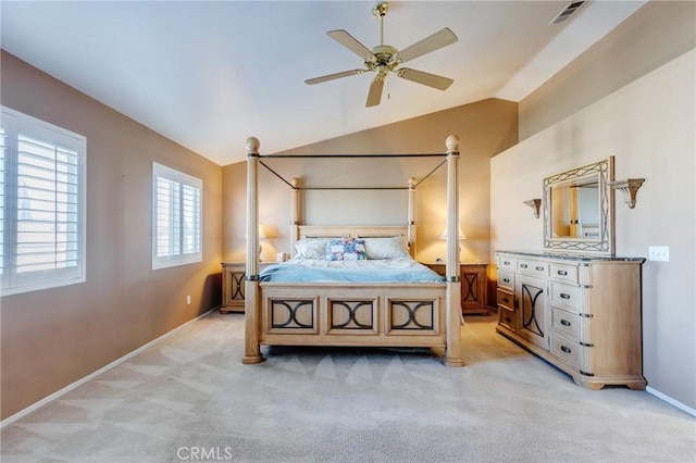 8961 Newcastle Ave, Hesperia, CA 92344 - bedroom with light carpet, lofted ceiling, baseboards, and ceiling fan
