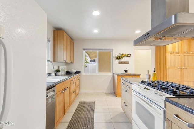 2791 Elizondo Ave, Simi Valley, CA 93065 - kitchen with wall chimney range hood, white appliances, dark countertops, light tile patterned flooring, and recessed lighting