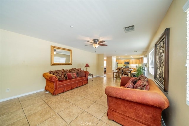 18427 Blue Sky St, Riverside, CA 92508 - living room featuring light tile patterned floors, ceiling fan, baseboards, and recessed lighting