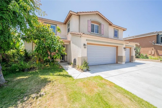 18427 Blue Sky St, Riverside, CA 92508 - mediterranean / spanish home featuring concrete driveway, stucco siding, a tile roof, an attached garage, and a front lawn