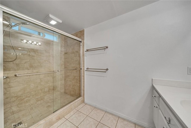 19545 Quicksilver Ln, Rowland Heights, CA 91748 - bathroom with vanity, a stall shower, tile patterned flooring, and baseboards