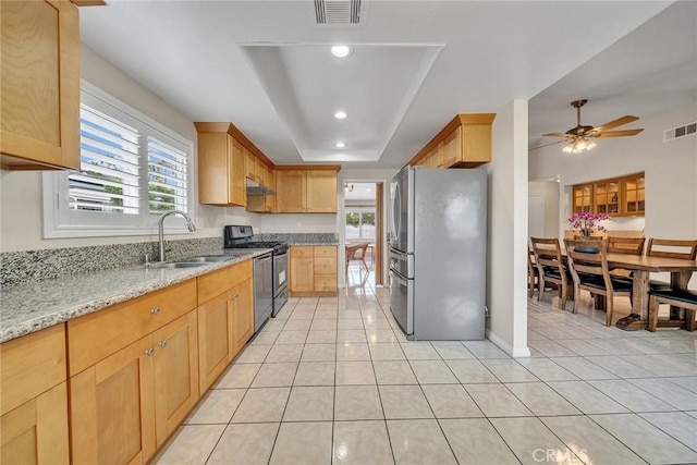 19545 Quicksilver Ln, Rowland Heights, CA 91748 - kitchen featuring appliances with stainless steel finishes, a sink, plenty of natural light, light tile patterned flooring, and recessed lighting