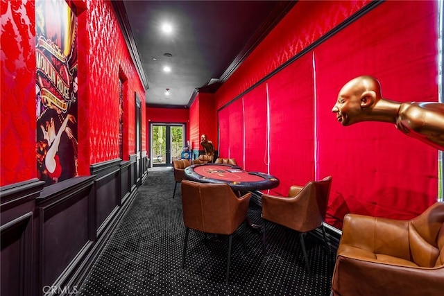 25548 Kingston Ct, Calabasas, CA 91302 - carpeted home theater featuring crown molding, recessed lighting, and a decorative wall