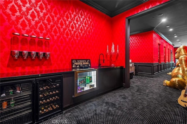 25548 Kingston Ct, Calabasas, CA 91302 - indoor dry bar featuring ornamental molding, recessed lighting, dark carpet, and wainscoting