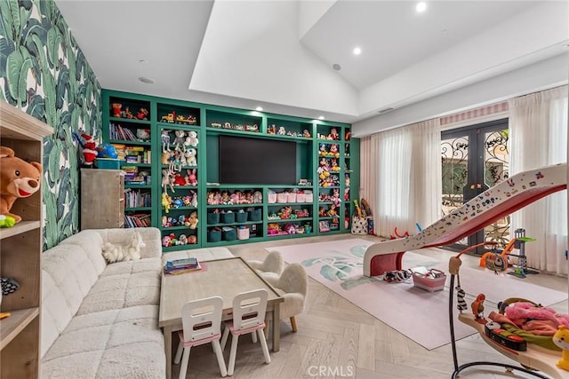 25548 Kingston Ct, Calabasas, CA 91302 - game room featuring recessed lighting, lofted ceiling, and french doors