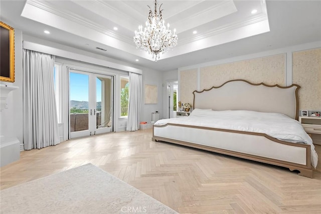 25548 Kingston Ct, Calabasas, CA 91302 - bedroom featuring access to outside, crown molding, recessed lighting, a chandelier, and a raised ceiling