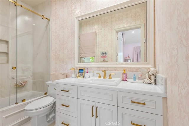 25548 Kingston Ct, Calabasas, CA 91302 - full bath featuring wallpapered walls, vanity, and combined bath / shower with glass door