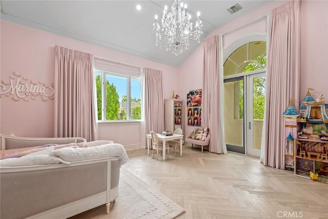 25548 Kingston Ct, Calabasas, CA 91302 - bedroom with access to outside, lofted ceiling, a chandelier, and recessed lighting