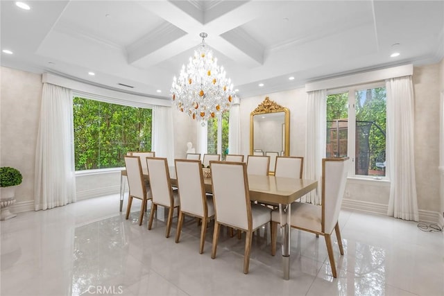 25548 Kingston Ct, Calabasas, CA 91302 - dining space with plenty of natural light, coffered ceiling, crown molding, recessed lighting, and a chandelier