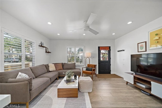 4218 E 3rd St, Long Beach, CA 90814 - living area featuring light wood-style floors, recessed lighting, a ceiling fan, and baseboards