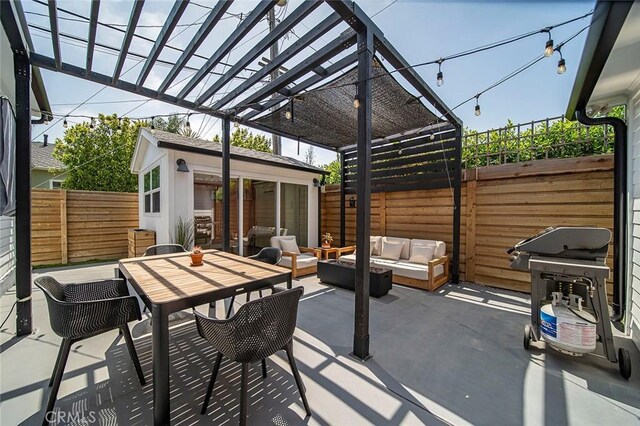 4218 E 3rd St, Long Beach, CA 90814 - fenced backyard with a pergola, a patio area, an outbuilding, outdoor lounge area, and outdoor dining area