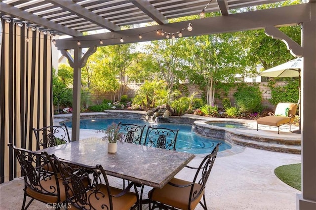 23317 Cuestport Dr, Valencia, CA 91354 - fenced backyard with outdoor dining area, a patio, a pergola, and a pool with connected hot tub