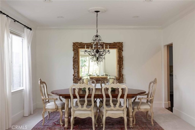23317 Cuestport Dr, Valencia, CA 91354 - dining room featuring a chandelier, light colored carpet, healthy amount of natural light, crown molding, and baseboards