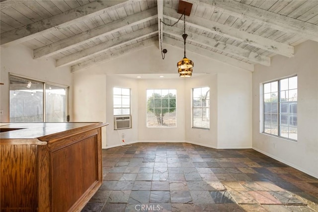 29247 Allan St, Lake Elsinore, CA 92532 - unfurnished dining area with a wood ceiling with exposed beams, stone tile flooring, and cooling unit