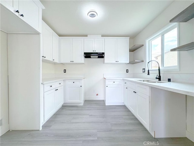 1512 S Butler Ave, Compton, CA 90221 - kitchen with a sink, under cabinet range hood, open shelves, light wood finished floors, and white cabinets