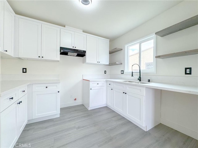 1512 S Butler Ave, Compton, CA 90221 - kitchen with open shelves, a sink, exhaust hood, white cabinets, and light wood-type flooring