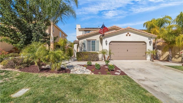 36434 Geranium Dr, Lake Elsinore, CA 92532 - mediterranean / spanish home featuring stucco siding, driveway, a garage, a front yard, and a tile roof
