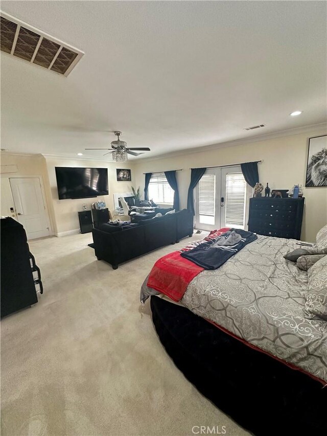 42500 20th St W, Lancaster, CA 93534 - bedroom featuring french doors, carpet flooring, ornamental molding, and ceiling fan
