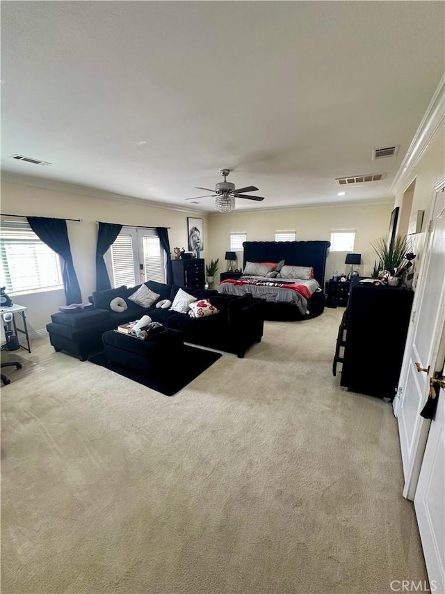 42500 20th St W, Lancaster, CA 93534 - bedroom featuring light carpet, ornamental molding, and ceiling fan
