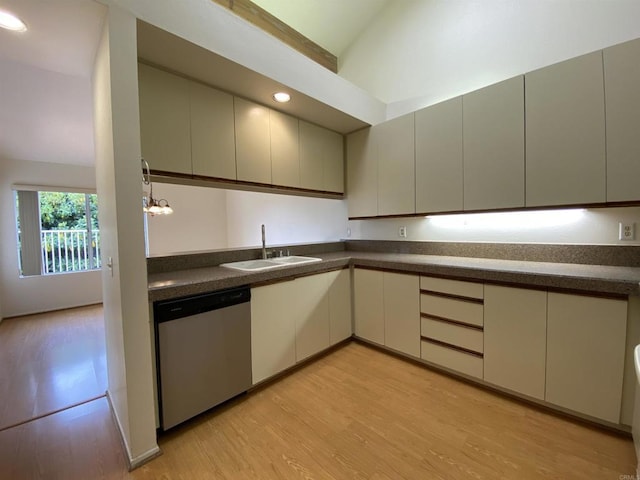 4793 Endeavor Ln, Carlsbad, CA 92008 - kitchen with stainless steel dishwasher, lofted ceiling, a sink, dark countertops, and light wood finished floors