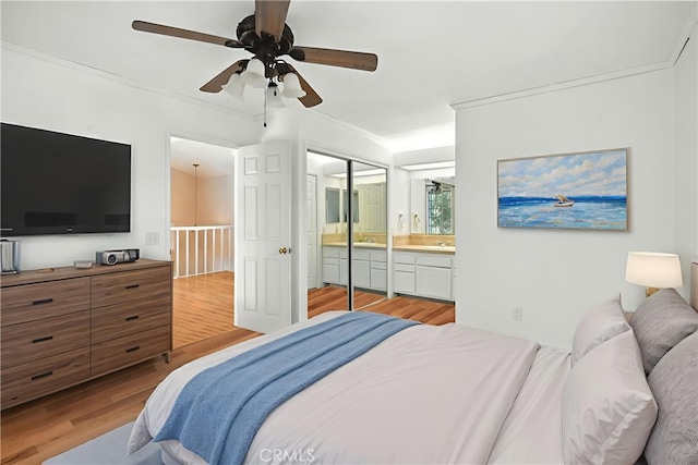 28918 Lillyglen Dr, Canyon Country, CA 91387 - bedroom featuring light wood-type flooring, ensuite bathroom, and a ceiling fan
