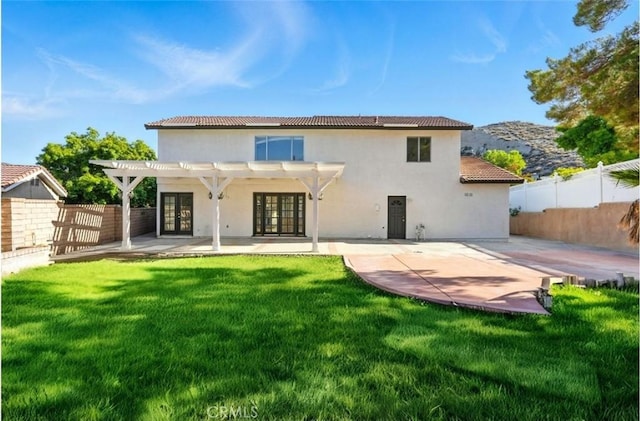 28918 Lillyglen Dr, Canyon Country, CA 91387 - rear view of house with french doors, a pergola, a patio, a fenced backyard, and a tile roof