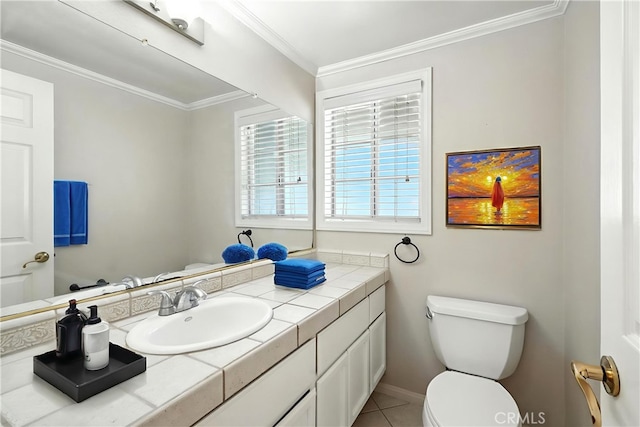 28918 Lillyglen Dr, Canyon Country, CA 91387 - half bathroom featuring vanity, crown molding, and tile patterned floors