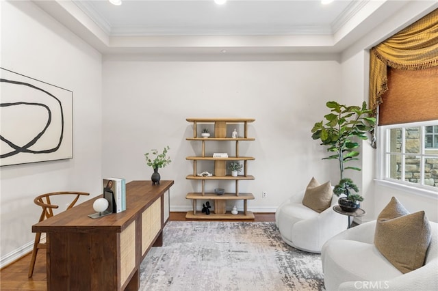19103 Green Oaks Rd, Yorba Linda, CA 92886 - living area featuring wood finished floors, ornamental molding, a tray ceiling, and recessed lighting